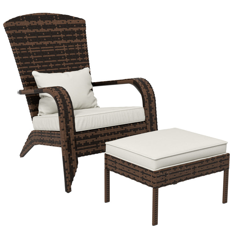 Outsunny Patio Wicker Adirondack Chair With Ottoman, Outdoor Fire Pit Chair With Cushions, High Back, Large Seat & Armrests For Deck, Garden & Backyard, Cream White