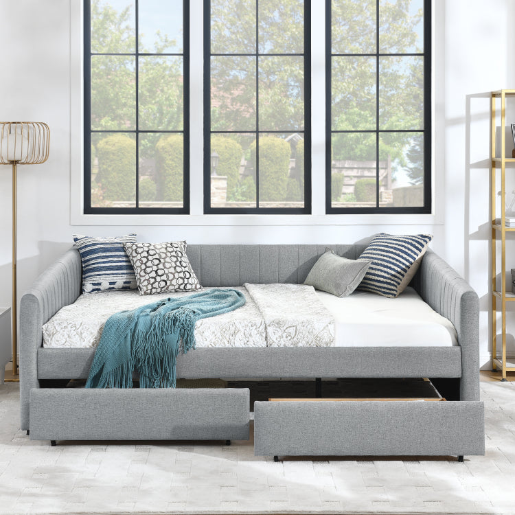 Queen Size Daybed With Two Drawers Trundle Upholstered Sofa Bed, With Vertical Stripes Linen Fabric, Grey 86.5"X65"X30"