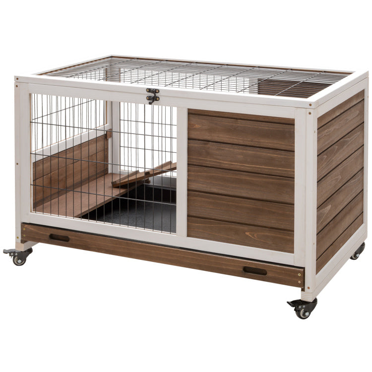 Pawhut Wooden Rabbit Hutch Indoor Outdoor, Elevated Bunny Cage With No Leak Tray Enclosed Run With Wheels, Ideal For Guinea Pigs And Small Animals, Brown