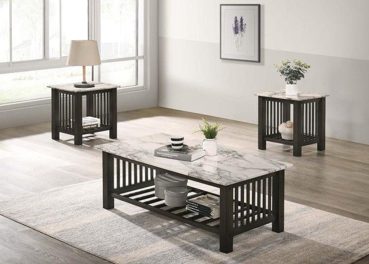 Modern Contemporary 1Pc Coffee Table Faux Marble Top Antique Walnut Solid Legs Open Storage Shelf Occasional Table Living Room