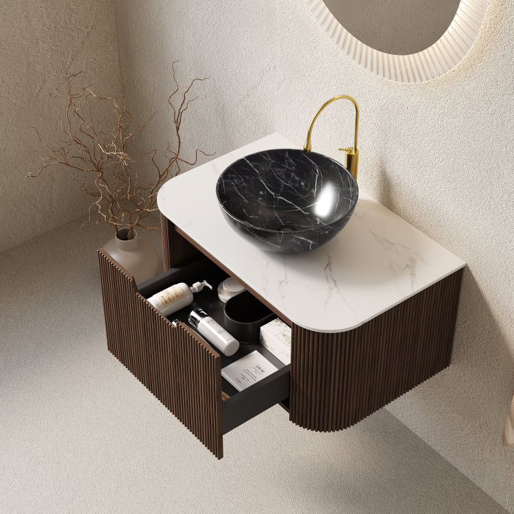 Dina 30" Bathroom Vanity With Sink, Wall Mounted Curved Edges Striped Bathroom Storage Cabinet With Drawer, Black Bowl Ceramic Basin With Stone Pattern, Pre Assembled, Dark Walnut Woodgrain Color