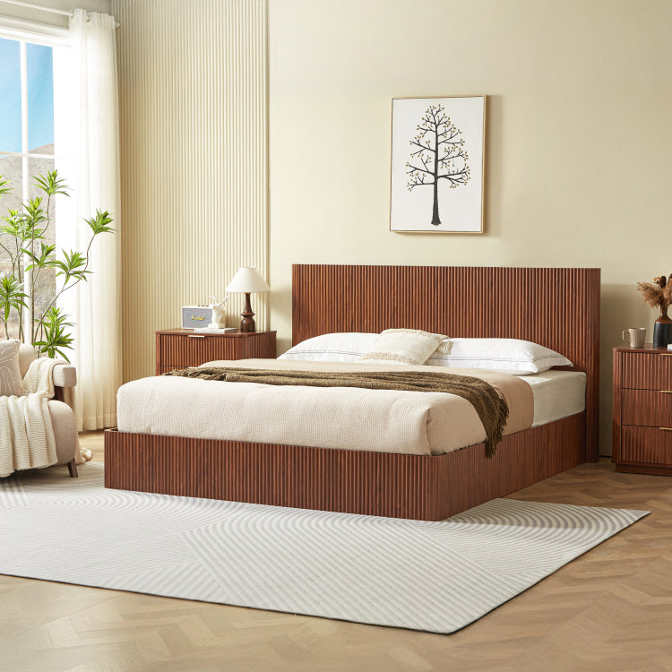 King Size Lift Up Storage Bed Frame, Wooden Corrugated Curved Lines, Hydraulic Storage No Box Spring Needed, Walnut