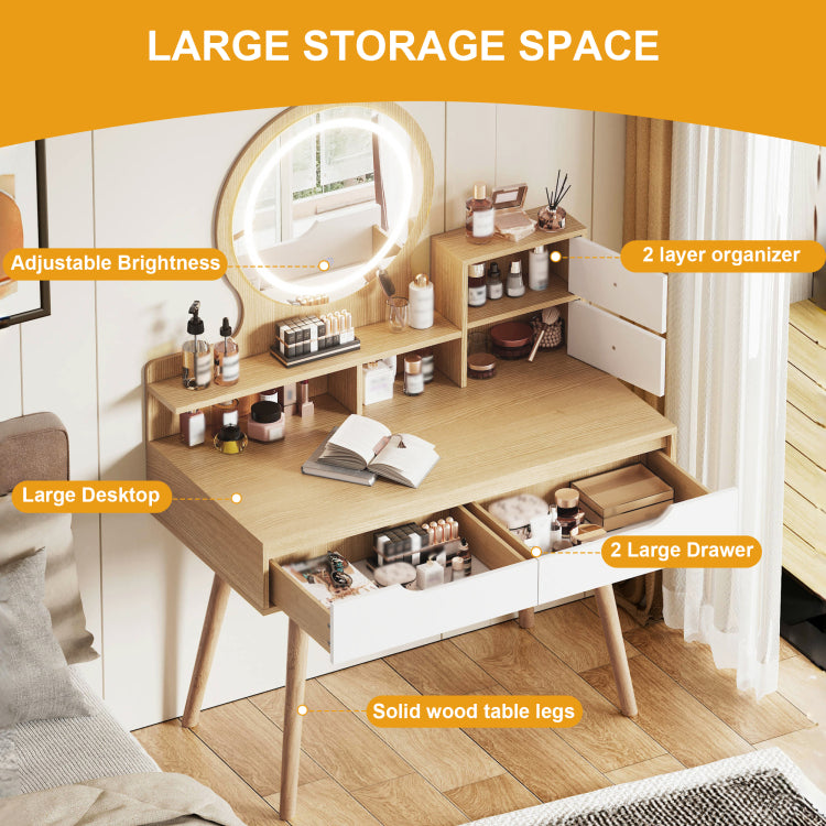 Makeup Vanity Desk With 3 Adjustable Lighted Mirror With Solid Wood Table Feet , Dressing Table Set With 4 Drawers And 3 Open Shelves For Small Space Bedroom