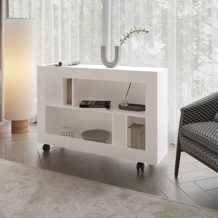 White Console Table In Melamine With Open Storage