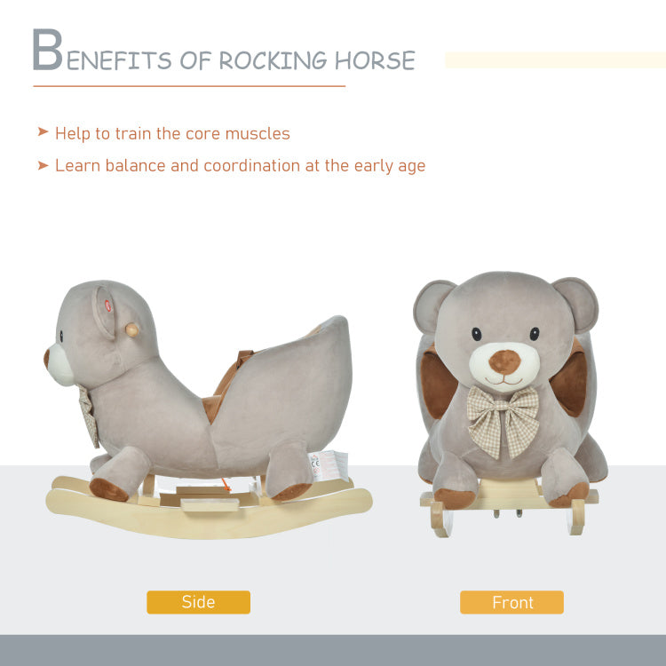 Qaba Kids Rocking Horse, Bear Shaped Plush Toddler Ride On Horse With Sound, Wooden Base & Safety Belt For 18 36 Months, Gray