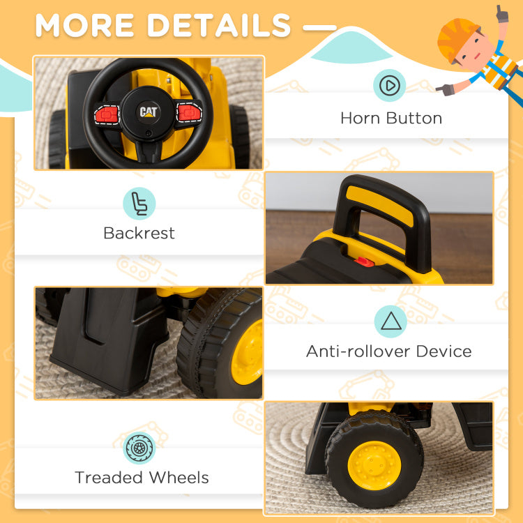 Aosom Excavator Ride On Toy, Cat Licensed Kids Manual Pedal Ride On Excavator With Manual Shovel, Horn, Hidden Storage For 18 36 Months Boys And Girls, Yellow