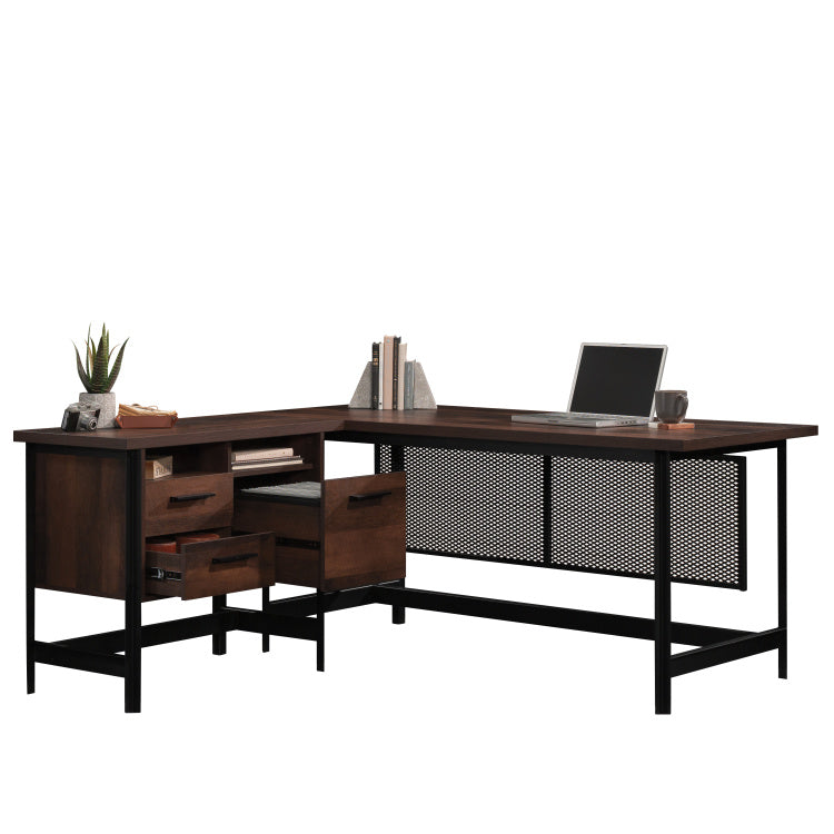 Industrial L Shaped Computer Desk, Brown Finish