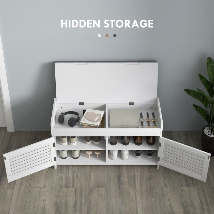 Homcom Shoe Bench, Entryway Bench With Shoe Storage, Cushion, Hidden Compartments, Adjustable Shelves And Shutter Doors, 35.4" Shoe Organizer For Entryway, Hallway, Holds Up To 352 Lbs., White