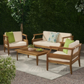 Aston Outdoor Mid Century Modern Cushioned Acacia 4 Seat Chat Set Loveseat & Coffee Table & Club Chair Teak Finish Cream Cushion