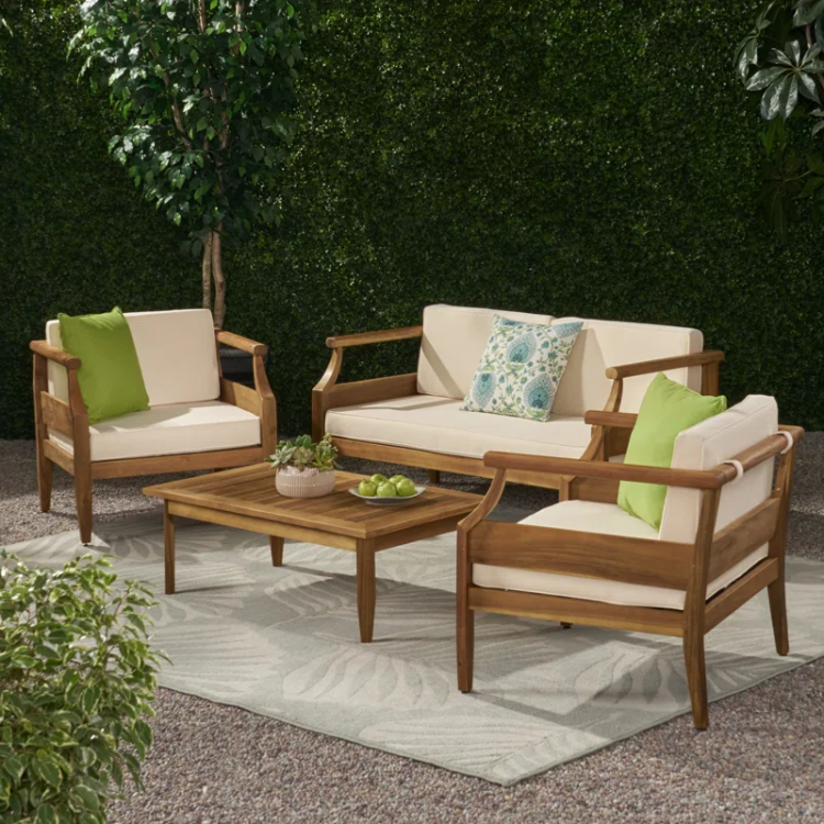 Aston Outdoor Mid Century Modern Cushioned Acacia 4 Seat Chat Set Loveseat & Coffee Table & Club Chair Teak Finish Cream Cushion