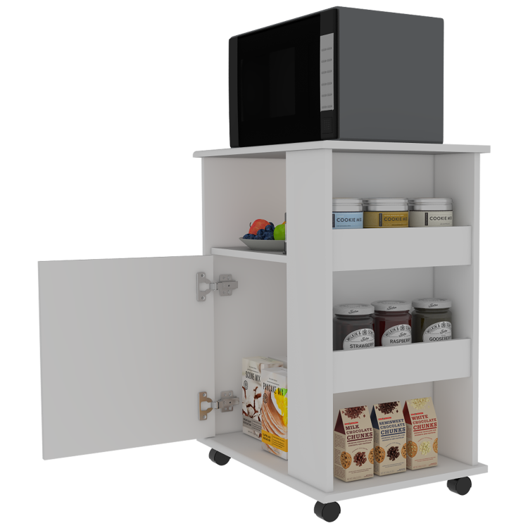 Lower Microwave Pantry 29" H, Single Door Cabinet, One Open Shelf, Three Side Shelves, White