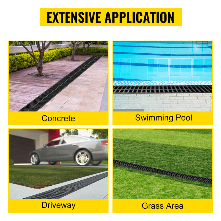 Trench Drain System, Channel Drain With Plastic Grate, 5.9X5.1 Inch Hdpe Drainage Trench, Black Plastic Garage Floor Drain, 6X39 Trench Drain Grate, With 6 End Caps, For Garden, Driveway 6 Pack