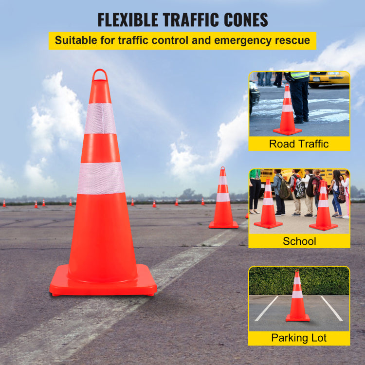 Safety Cones, 12 X 28" Traffic Cones, Pvc Orange Construction Cones, 2 Reflective Collars Traffic Cones With Weighted Base And Hand Held Ring Used For Traffic Control, Driveway Road Parking