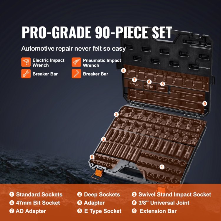 3 8" Drive Impact Socket Set, Sae 1 4" 3 4" And Metric 6 19Mm 90 Piece Socket Set, 6 Point Cr Mo Alloy Steel For Auto Repair, Includes Extension Bars Universal Joint Adapter Lock Storage Case