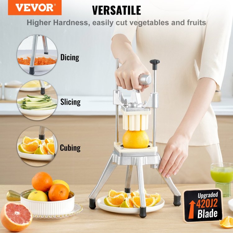 Commercial Vegetable Fruit Chopper, Stainless Steel French Fry Cutter With 4 Blades 1 4" 3 8" 1 2", 6 Wedge Slicer, Chopper Dicer With Tray, Heavy Duty Cutter For Potato Tomato Onion Mushroom
