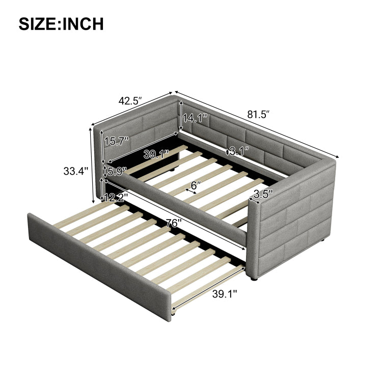 Twin Size Daybed With Trundle, Upholstered Daybed With Padded Back, Gray