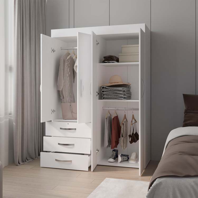 White 4 Door Wardrobe With Drawers And Shelf