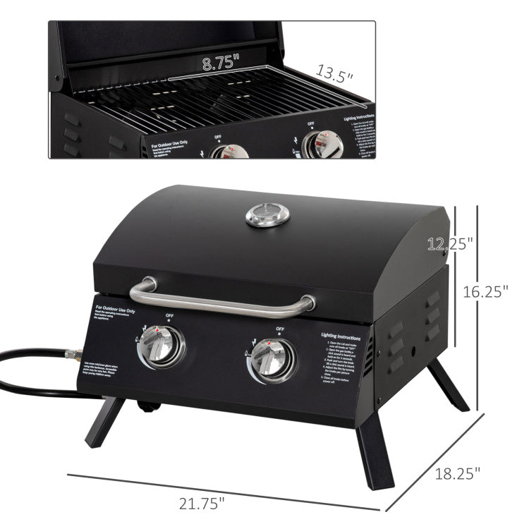 Outsunny 2 Burner Propane Gas Grill Outdoor Portable Tabletop Bbq With Foldable Legs, Lid, Thermometer For Camping, Picnic, Backyard, Black