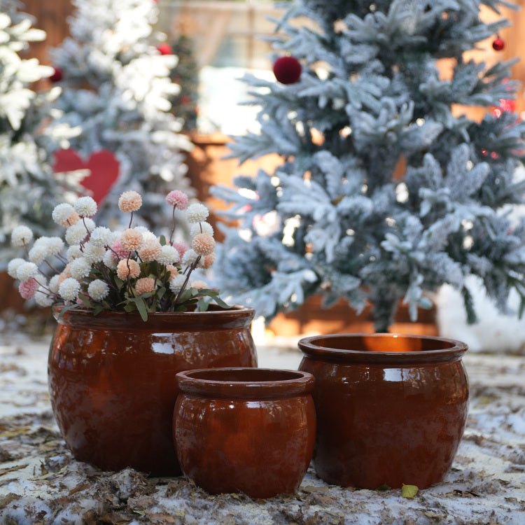 Handmade Rust Red Ceramic Plant Pots Set Of 3, 15 12 9 Inch Diameter, Indoor & Outdoor Flower Pots For Tables, Couchside, Balcony & Garden, Clay With Drainage Hole