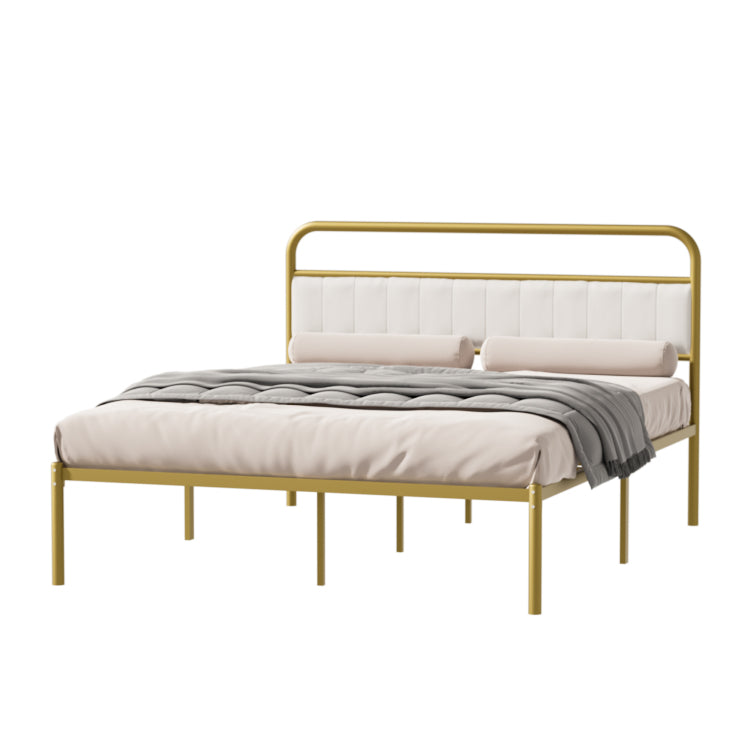 Queen Size Metal Steel Platform Bed Frame With Durable Upholstered Headboard Cushion Iron & Wood Adjustable For Hotels Villas