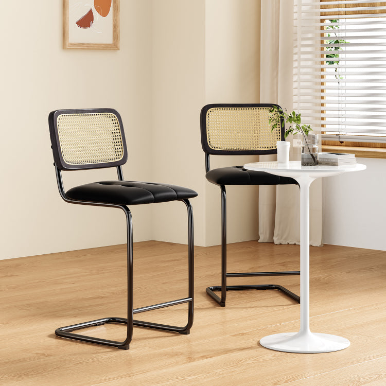 Counter Height Bar Stools Set Of 2, Upholstered Pu Leather Barstools With Rattan Back, 26 Inch Stools Armless Bar Chairs For Kitchen Island, Black