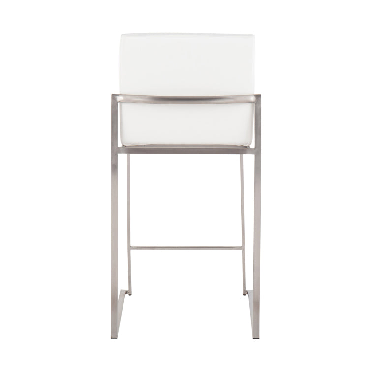 26" Contemporary High Back Counter Stool In Stainless Steel And White Faux Leather Set Of 3