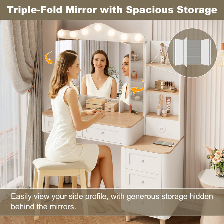 Vanity Desk With Mirror And Lights,Makeup Vanity With 2 Usb Power Strip,Vanity Set With Two Drawers And Three Drawer Chest, 3 Lighting Modes Adjustable Brightness, Foldable Three Sided Mirror White