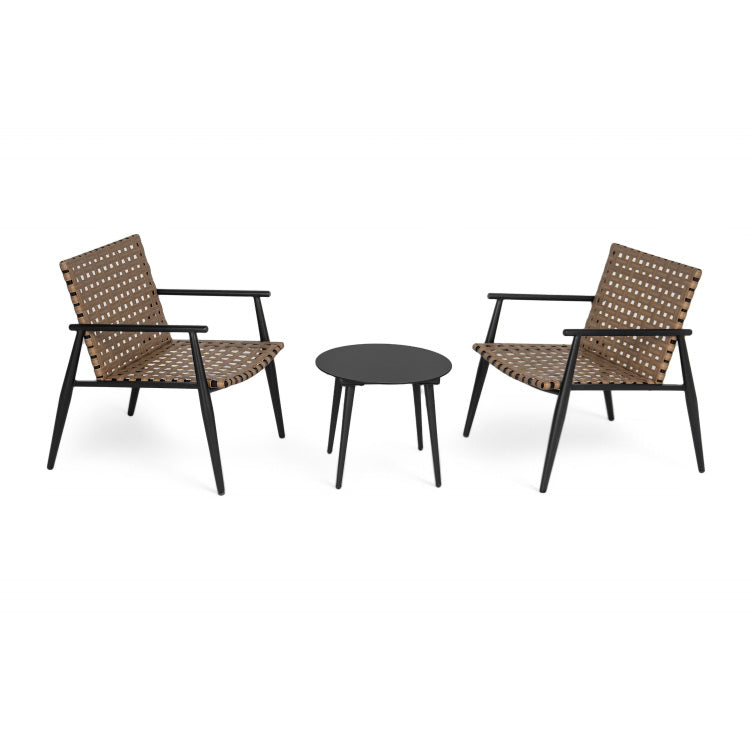 Modern Outdoor Chat Set: 2 Pe Rattan Chairs Black Steel & Tempered Glass Side Table Durable & Stylish