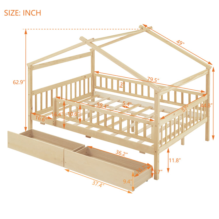 Full Size Wooden House Bed With Two Drawers, Natural
