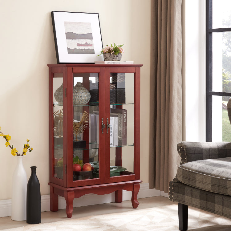 2 Doors Curio Cabinet With Tempered Glass Doors, Curio Cabinets With Mirrored Back Panel And Adjustable Shelves, Lighted Display Cabinet For Home, Office Light Bulb Included Cherry
