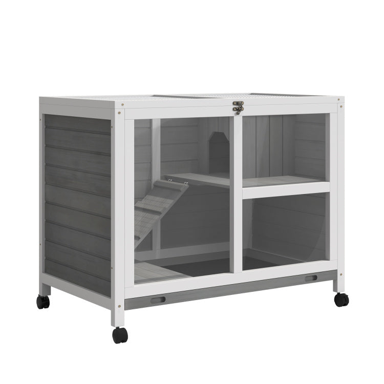 Pawhut Indoor Rabbit Hutch With Wheels, Desk And Side Table Sized, Wood Rabbit Cage, Waterproof Small Rabbit Cage, Gray