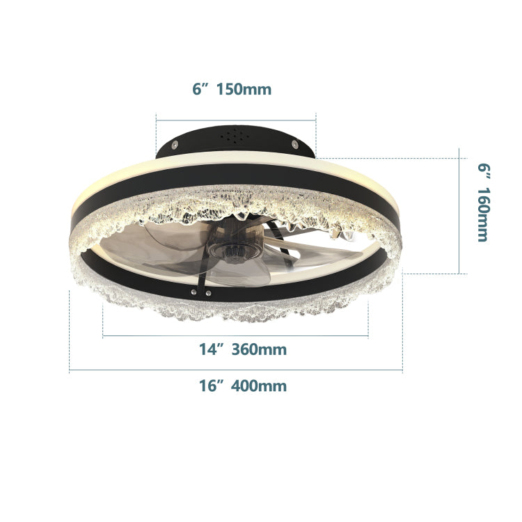 16" Quiet With Light Led Crystal Flush Mount Fan Lamp With Hidden Blades And Natural Airflow, Perfect For Bedroom, Kids Room, Study Room