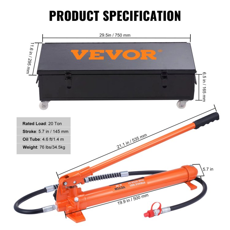 20 Ton Porta Power Kit, Portable Hydraulic Jack With 4.6 Ft 1.4 M Oil Hose, Car Frame Repair Tool With Storage Case For Automotive, Heavy Equipment, Mechanic 44000 Lbs