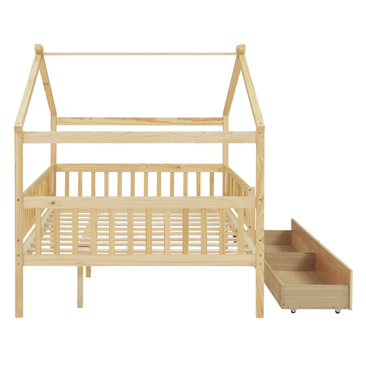 Full Size Wooden House Bed With Two Drawers, Natural