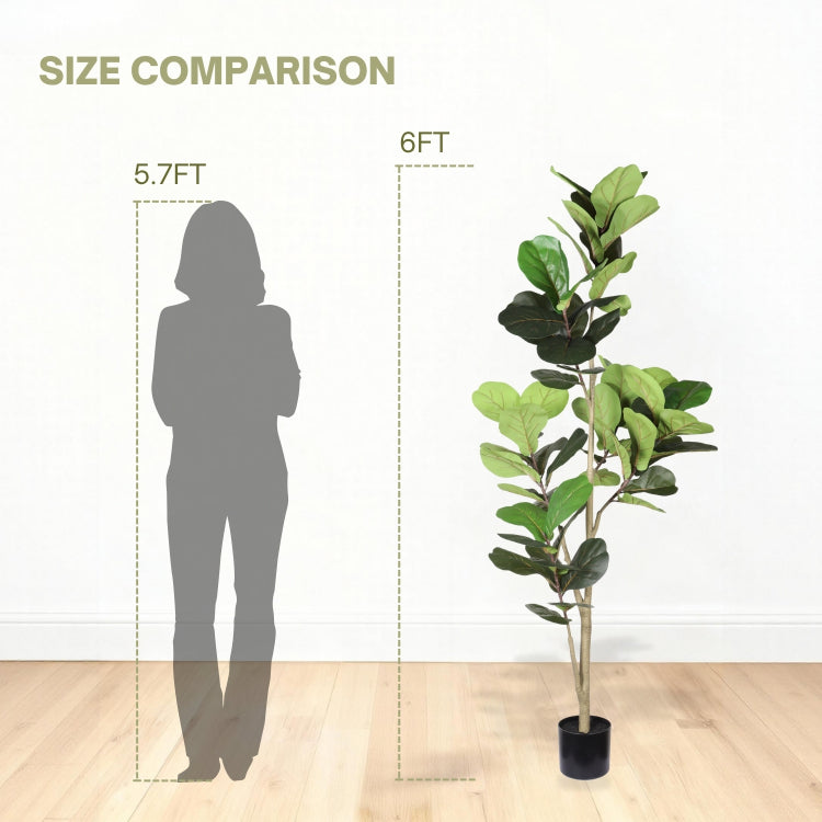 6Ft Artificial Fiddle Leaf Fig Tree With Black Plastic Pot, Real Touch Fake Indoor Plant For Home Office Living Room Corner Decoration, 1Pc Set
