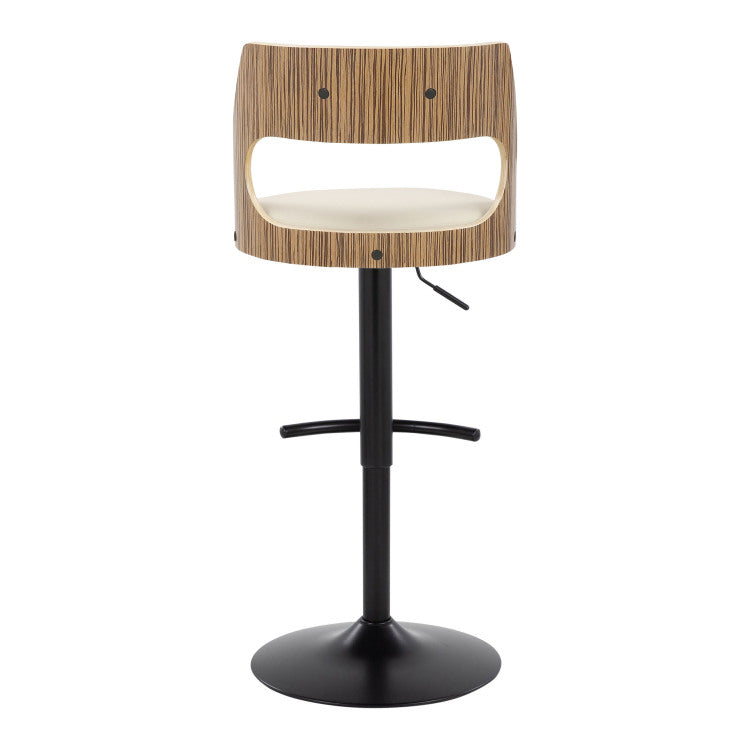 Contemporary Adjustable Barstool With Swivel In Black Metal, Zebra Wood And Cream Faux Leather With Rounded T Footrest Set Of 2