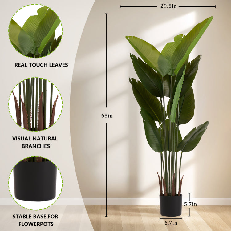 Artificial Bird Of Paradise Plant, 5.2Ft Tall Faux Tropical Palm Tree In Pot For Indoor Or Outdoor Home, Office, Or Garden Decoration, 2Pcs Set