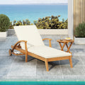 Chaise Lounge With Wheel Acacia Wood Recliner For Patio Garden, With 2Inch White Cushion, 4 Position Adjustable Backrest, Versatile Outdoor Furniture