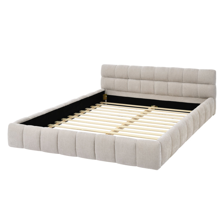 Queen Size Upholstered Bed Frame With Thick Fabric, Chenille Fabric Grounded Queen Size Platform Bed With Headboard And Solid Frame. No Box Spring Needed, Beige 68''*86.5''*23.5''