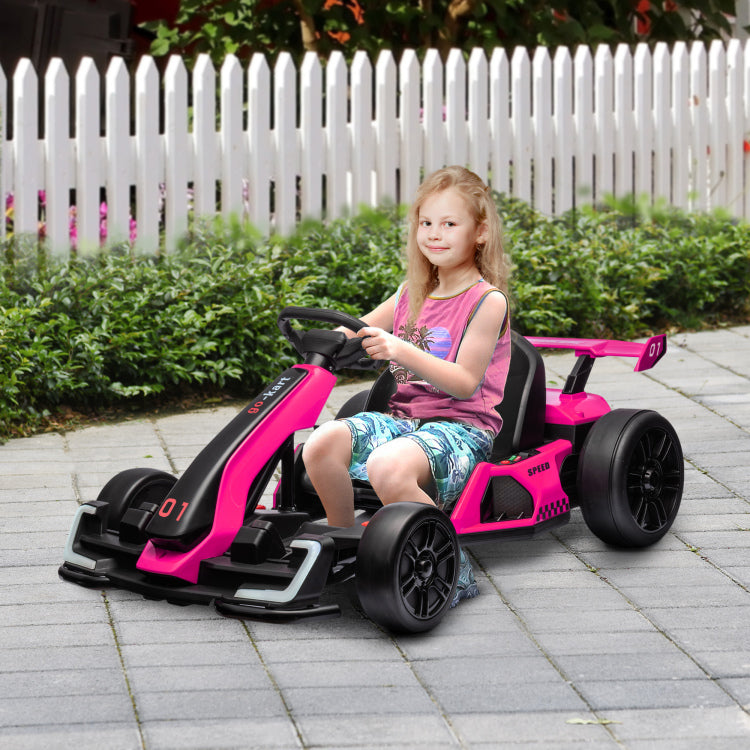 Aosom 24V 7.5 Mph Electric Go Kart With Adjustable Seat, Drifting Car Battery Powered Ride On Toy Outdoor With Slow Start, Button Start, Music, Honking Horn, Lights, For 6 12 Years Old, Pink