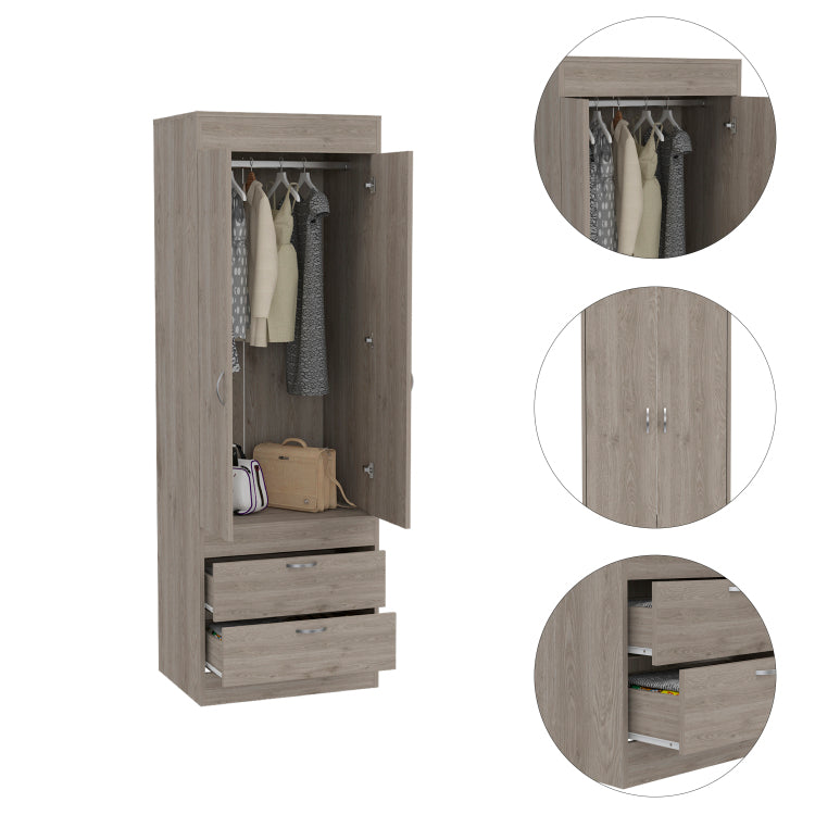 Lisboa Armoire, Rod, Double Door, Two Drawers, Metal Handles Light Gray