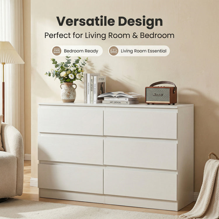 6 Drawer White Dresser, Modern Dresser For Bedroom With Spacious Countertop, Wood Storage Cabinet With Concealed Handles & 6 Deep Drawers For Bedroom, Living Room, Entryway, 15.7" D X 47.2" W X