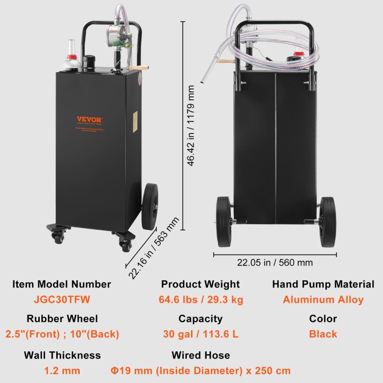 30 Gallon Fuel Caddy, Gas Storage Tank & 4 Wheels, With Manuel Transfer Pump, Gasoline Diesel Fuel Container For Cars, Lawn Mowers, Atvs, Boats, More, Black