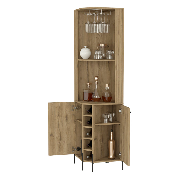Reese Corner Bar Cabinet, Two Shelves, Double Door Cabinet, Five Built In Wine Rack, Four Interior Shelves