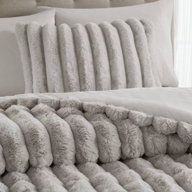 3 Pieces Full Queen Soft Faux Fur Ribbed Comforter Set,Light Gray