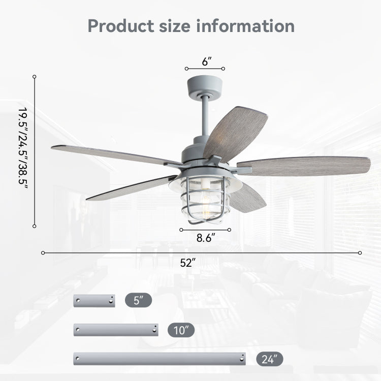 52 Inch Cement Grey With E26 Light,Glass Lampshade,5 Plywood Blades,Noiseless Dc Motor,6 Wind Speed