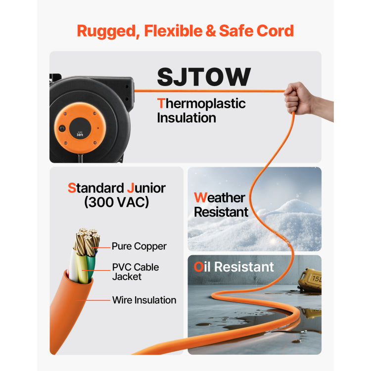 Retractable Extension Cord Reel, 30 Ft, Heavy Duty 16Awg 3C Sjtow Power Cord, With Lighted Triple Tap Outlet 10 Amp Circuit Breaker, For Ceiling Or Wall Mount Garage And Shop, Etl Listed