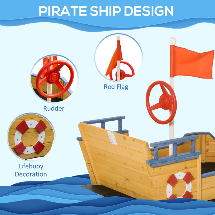 Outsunny Wooden Kids Pirate Sandbox, Outdoor Sandboat With Bench Seats, Storage, Non Woven Fabric Cloth For Backyard, Lawn