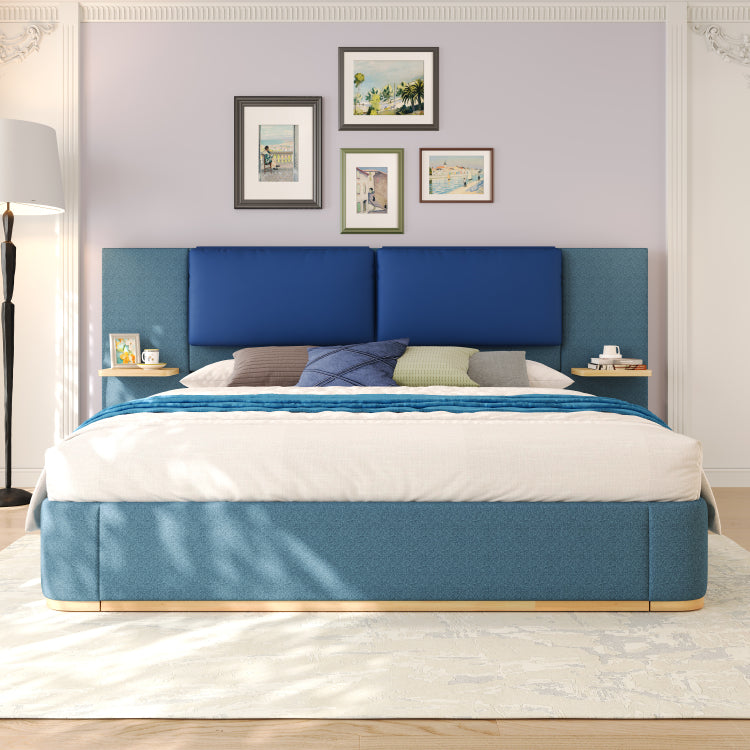 Queen Size Upholstered Platform Bed With Panel, Platform Bed Frame With Anti Collision Soft Rounded Corners, Stable And Solid, No Box Spring Needed, Easy Assembly, Blue