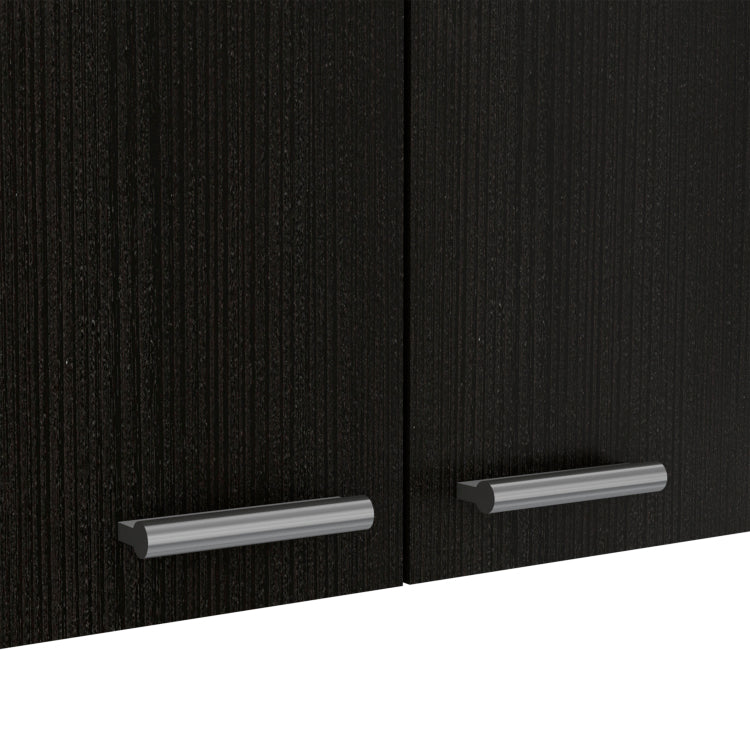 Wall Cabinet 24" H, Four Doors, Two Open Storage Shelves, Two Internal Shelves, Internal Dish And Glass Organizer, Black